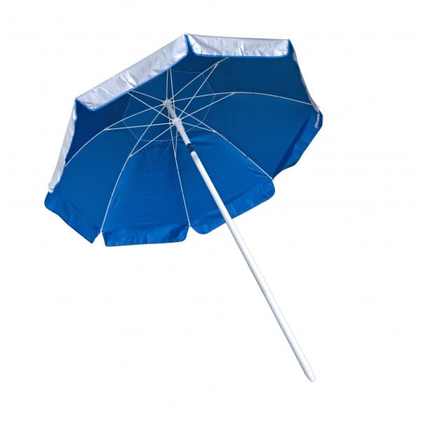 Windbrella Silver outside with blue trim