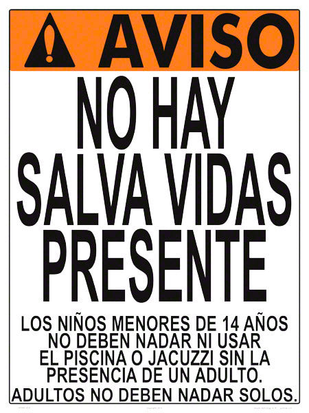 Virginia/West Virginia No Lifeguard Warning Sign in Spanish (14 Years and Under) - 18 x 24 Inches on Heavy-Duty Aluminum