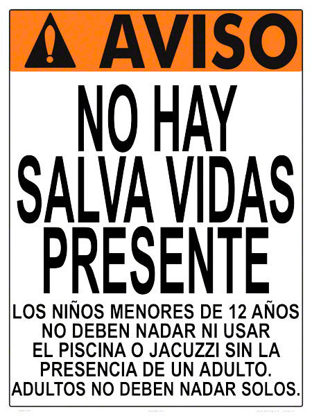 Iowa/Washington No Lifeguard Warning Sign in Spanish (12 Years and Under) - 18 x 24 Inches on Heavy-Duty Aluminum