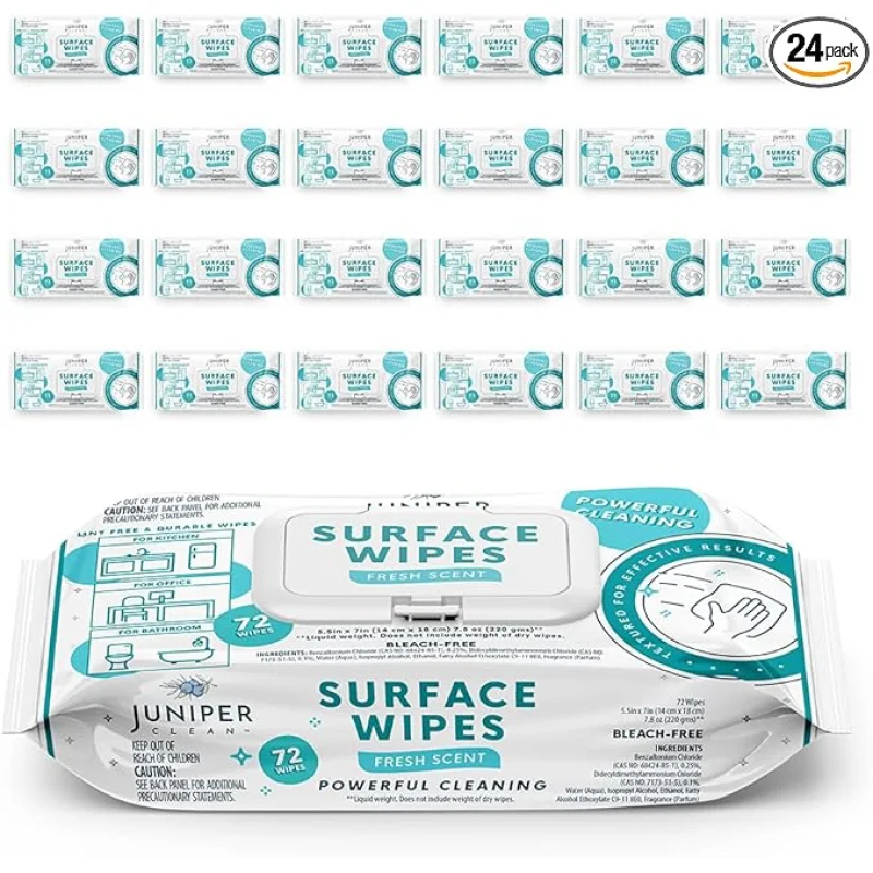24 Pack Surface Cleaning Wipes Bleach Free, All-Purpose Cleaner for Bathroom, Kitchen, Office, 1728 Count Soft Flow, Fresh Scent, Bleach Free, Lint Free, Durable