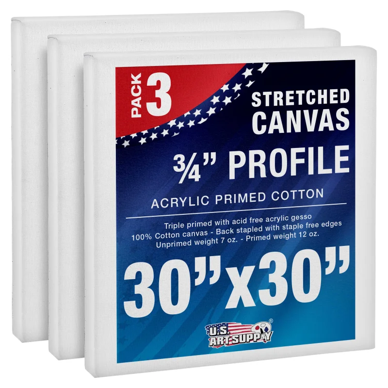 30 x 30 inch Stretched Canvas 12-Ounce Triple Primed, 3-Pack - Professional Artist Quality White Blank 3/4" Profile, 100% Cotton, Heavy-Weight Gesso