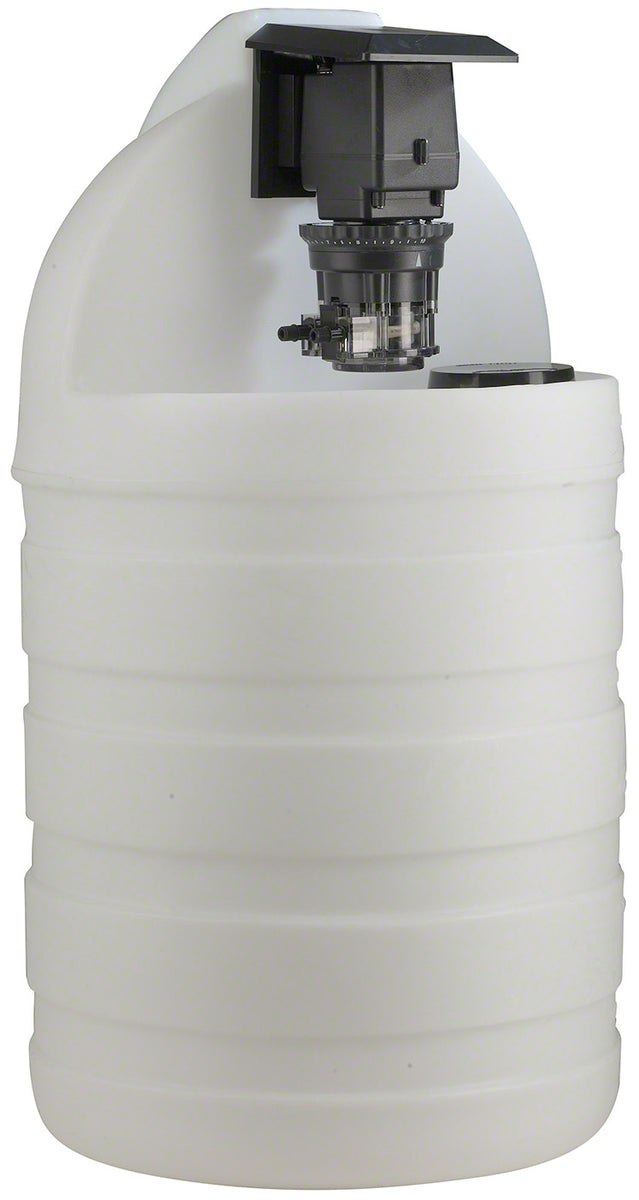 30 Gallon White Chemical Tank With 45M2 Adjustable Pump - 25 PSI 10 GPD 120 Volt - 1/4 Inch UV Tubing