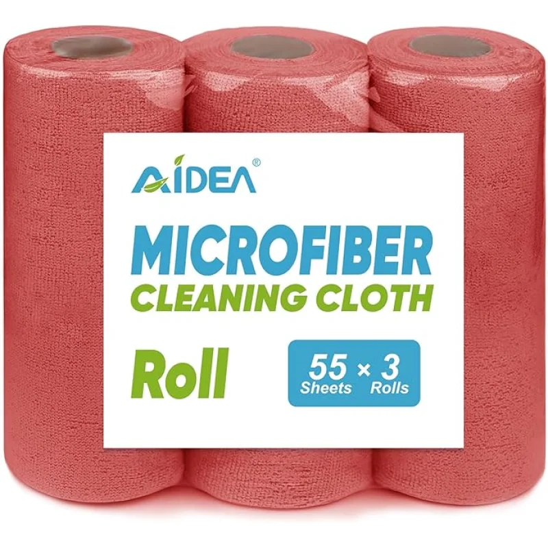 AIDEA Microfiber Cleaning Cloth, 165 Sheets(3 Roll), Micro Fiber Cloth for Cleaning Car, Reusable Paper Towels, Red Shop Rags for Automotive, Mechanic, Workshops, House,119"