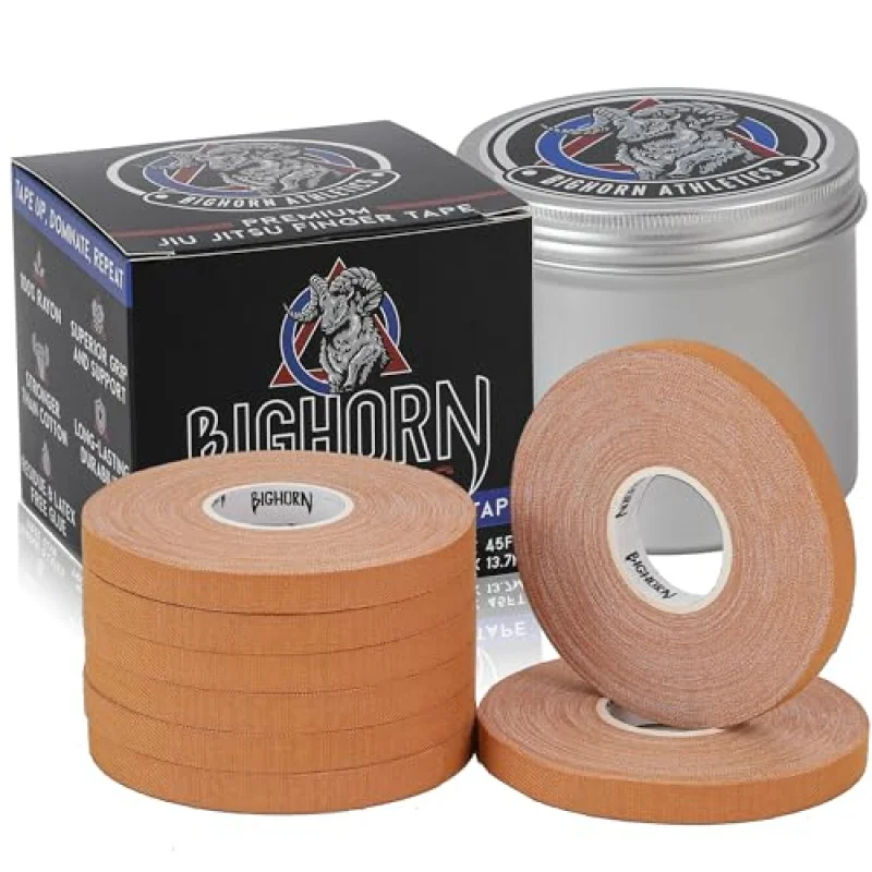 Bighorn Athletics Pro Series Jiu-Jitsu Finger Tape, 8-Rolls with Tin Holder, Enhanced Strength, Residue-Free (0.3-Inch, Nude)