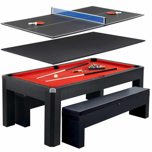 Park Avenue 7-Foot Pool Table Tennis Combination with Dining Top, Two Storage Benches