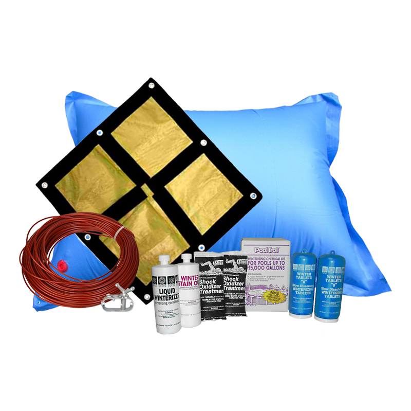 15'x30' Oval Emperor Soild Winter Cover Bundle with 15k Chemical Closing Kit and 4' x 8' Air Pillow