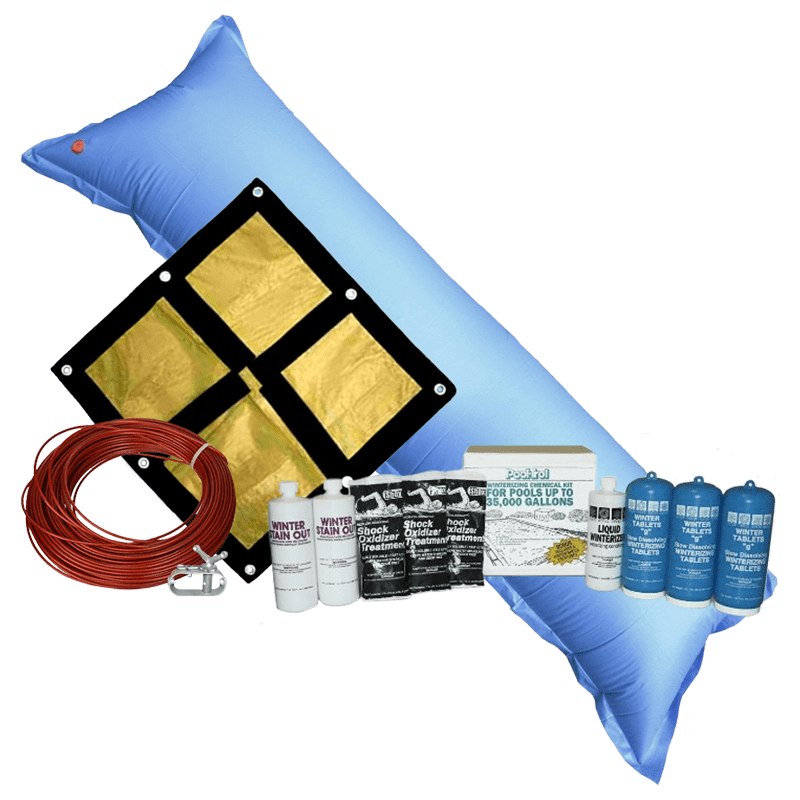 18'x34' Oval Emperor Soild Winter Cover Bundle with 35k Chemical Closing Kit and 4.5' x 15' Air Pillow