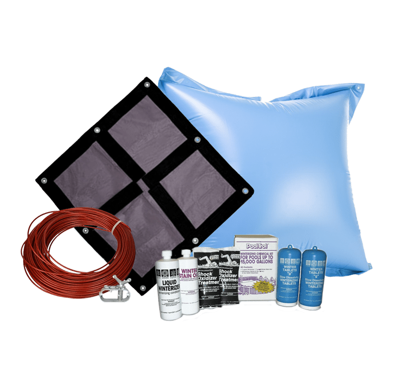 18' Round Ultra Premium Soild Winter Cover Bundle with 15k Chemical Closing Kit and 4' x 4' Air Pillow