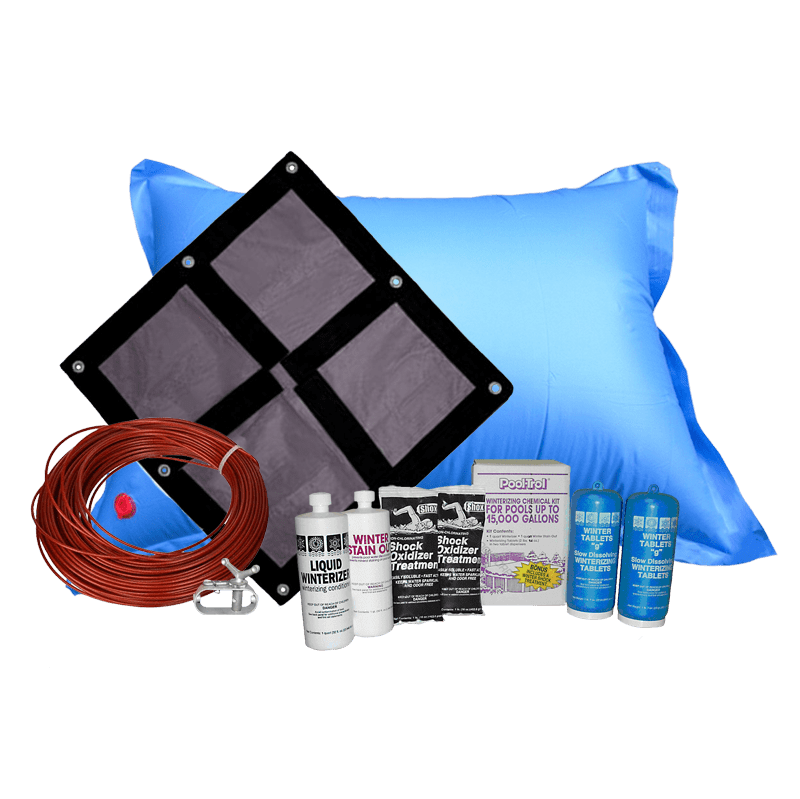 12'x20' Oval Ultra Premium Soild Winter Cover Bundle with 15k Chemical Closing Kit and 4' x 8' Air Pillow