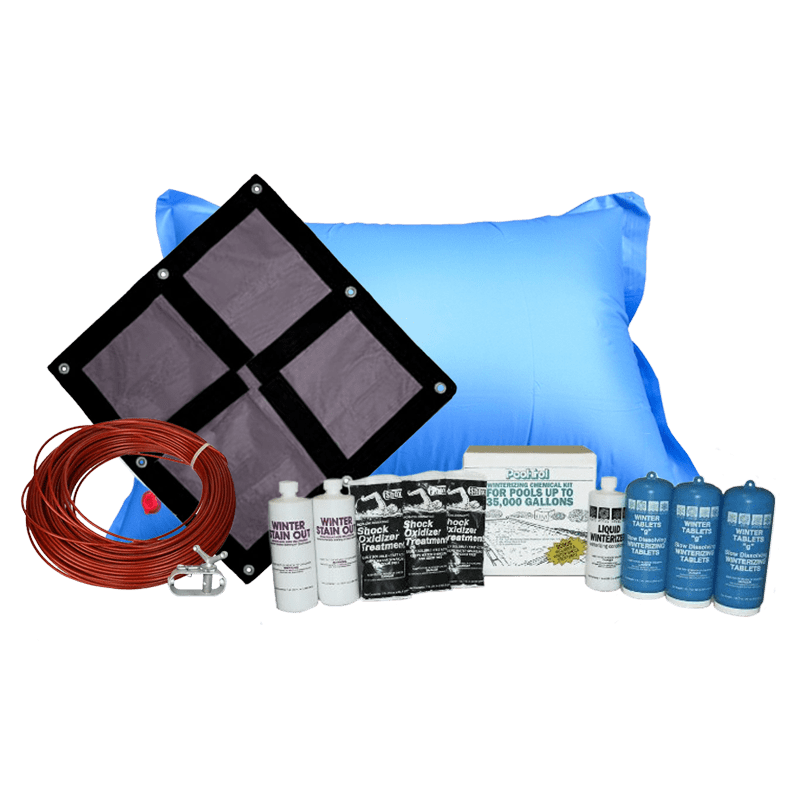 15'x30' Oval Ultra Premium Soild Winter Cover Bundle with 35k Chemical Closing Kit and 4' x 8' Air Pillow