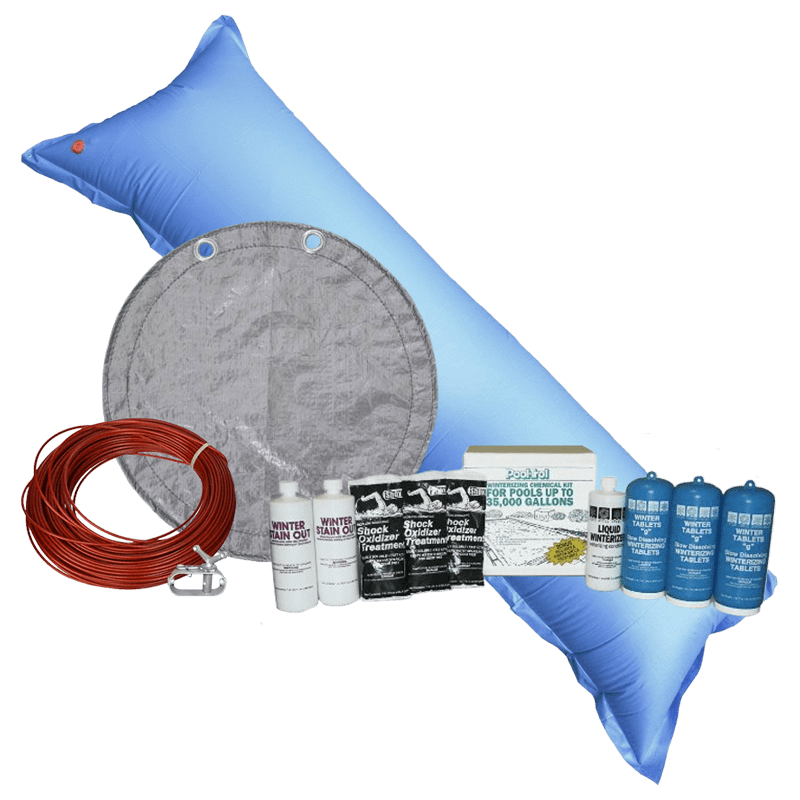 15'x30' Oval King Soild Winter Cover Bundle with 35k Chemical Closing Kit and 4.5' x 15' Air Pillow