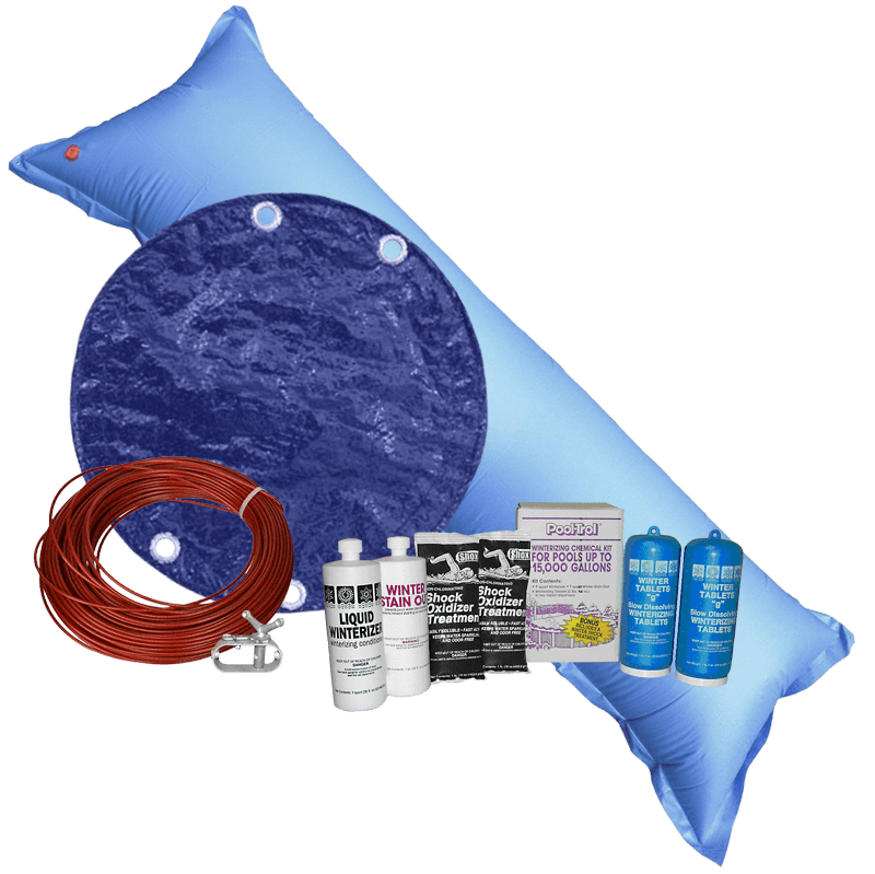 12'x24' Oval Royal Solid Cover Bundle with 15k Chemical Kit and 4.5' x 15' Air Pillow
