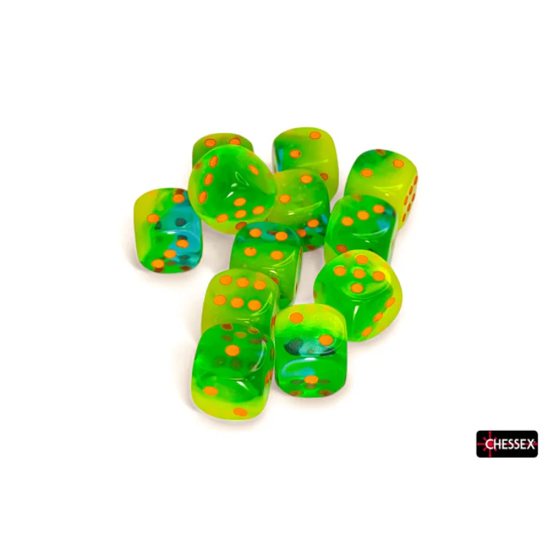 Chessex Dice: Gemini Plasma Green-Teal/orange Luminary 16mm d6 Dice Block (12 dice)