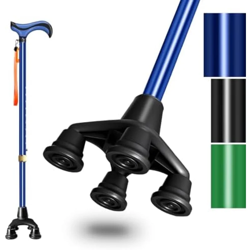 DEOMAi Quad Cane Self Standing Adjustable Walking Cane for Men Women Seniors with Comfort Grip Handle 360 Pivoting Cane for All-Terrain Lightweight & Durable