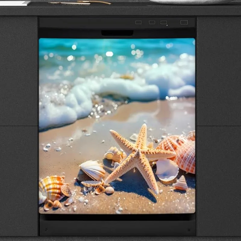 Dishwasher Magnet Cover Sea Beach Starfish Seashell Reusable Dishwasher Magnetic Cover Sticker Decorative Dish Washer Door Cover Panel for Home Kitcen Appliance, 21x26 in