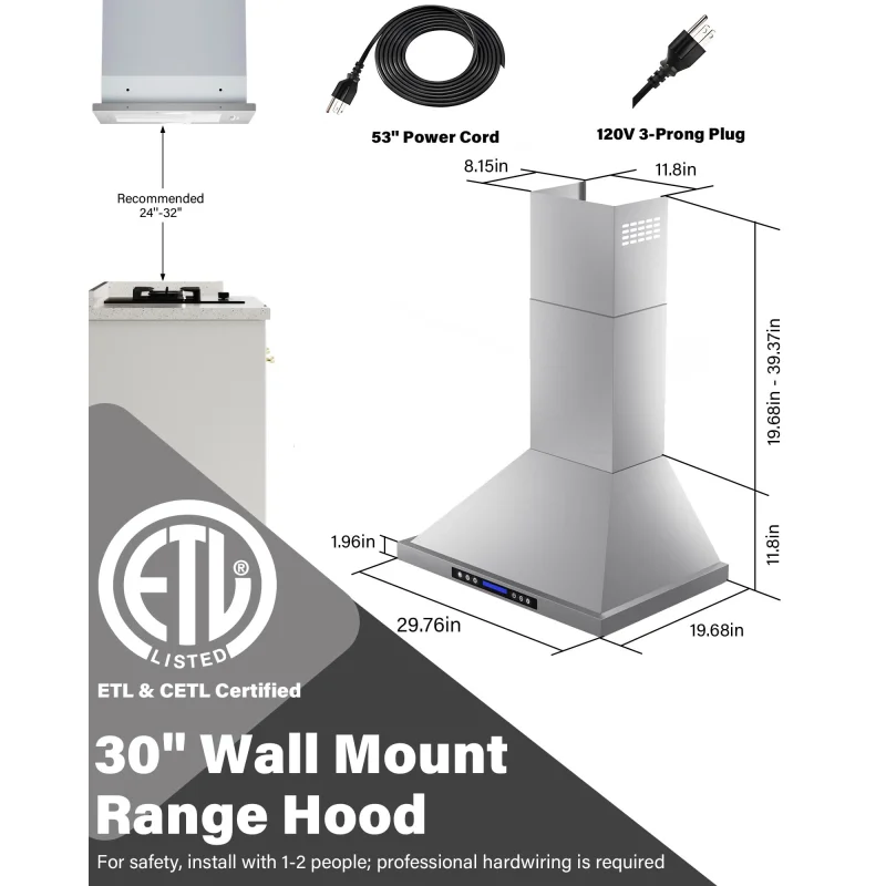 FlyPine 36 inch Stainless Steel Wall Mount Range Hood - 900 CFM, Ultra-Quiet 4-Speed Vent, Touch/Remote Control LCD, LED Lights, Ducted/Ductless Convertible