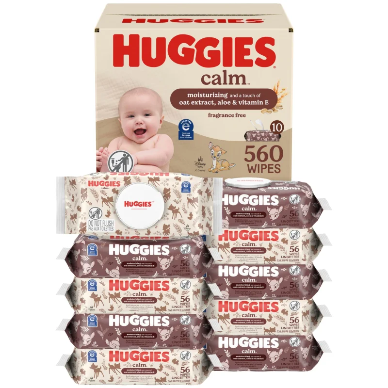 Huggies Calm Baby Wipes, Unscented, Hypoallergenic, 10 Push Button Packs (560 Wipes Total)