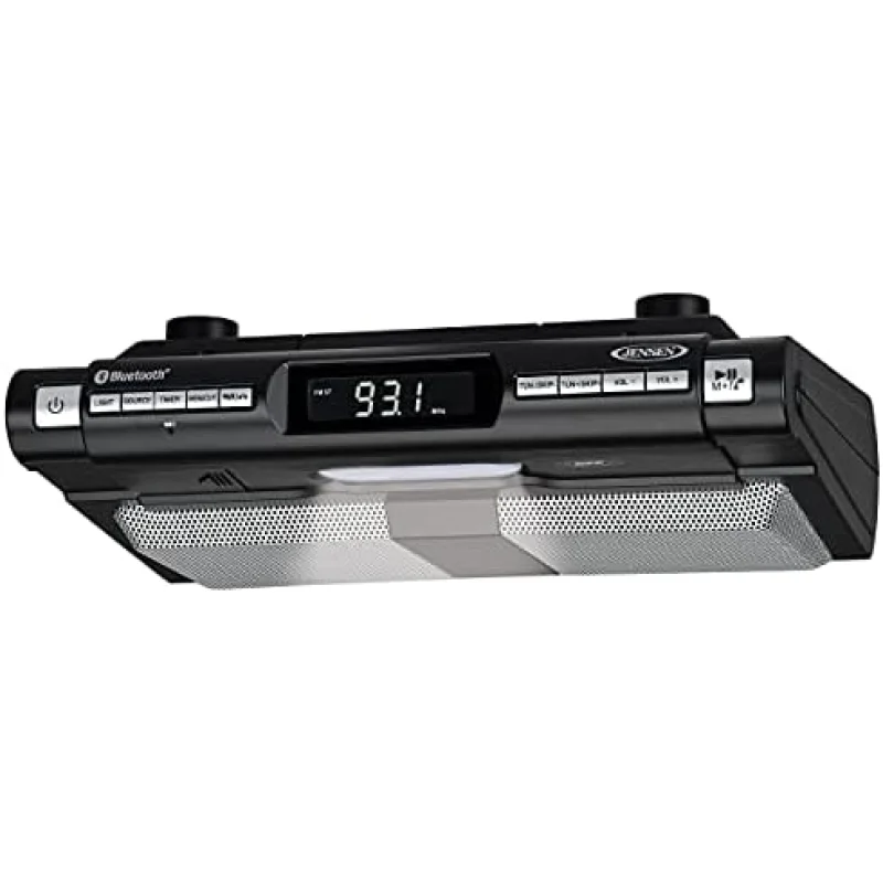 Jensen Modern Wireless Under Cabinet Kitchen Universal Bluetooth Music System, FM Radio, Clock LCD Digital Display, Built-in Hands-Free Mic & Speakers (Includes Mounting Hardware)
