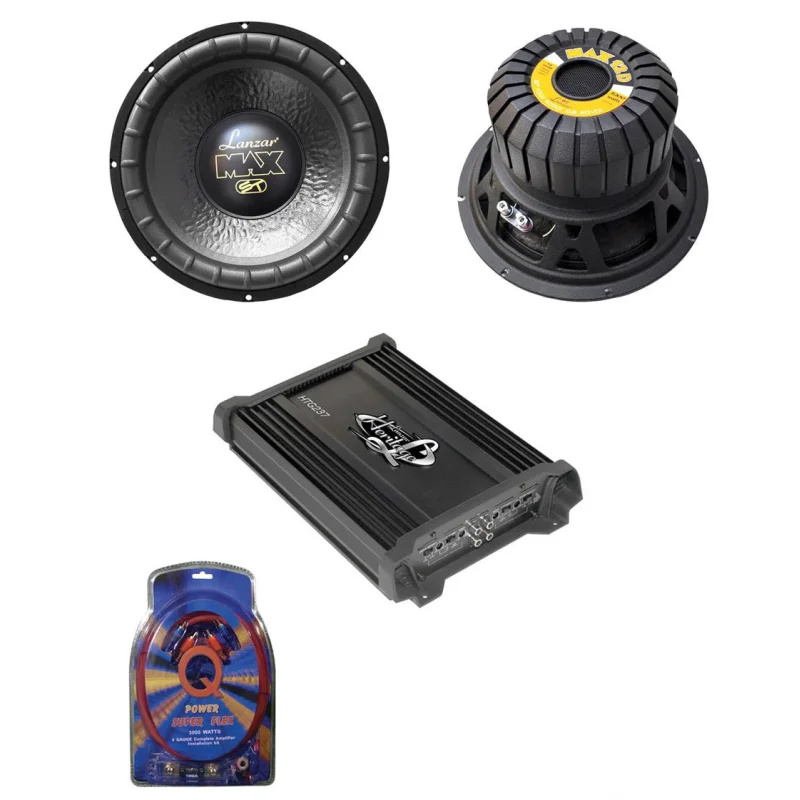 Lanzar 12" 2000W Car Subwoofers (2 Pack), 2 Channel Amplifier, & 4 Gauge Amp Kit