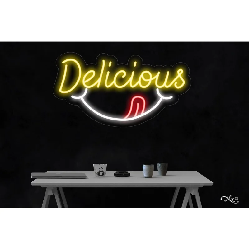 LED Flex Neon Sign - Delicious / Size: 24"W x 13"H x 1"D / 12 Font Color Options: Dark Blue, Gold, Green, Hot Pink, Light Blue, Light Pink, Orange, Purple, Red, Warm White, White and Yellow