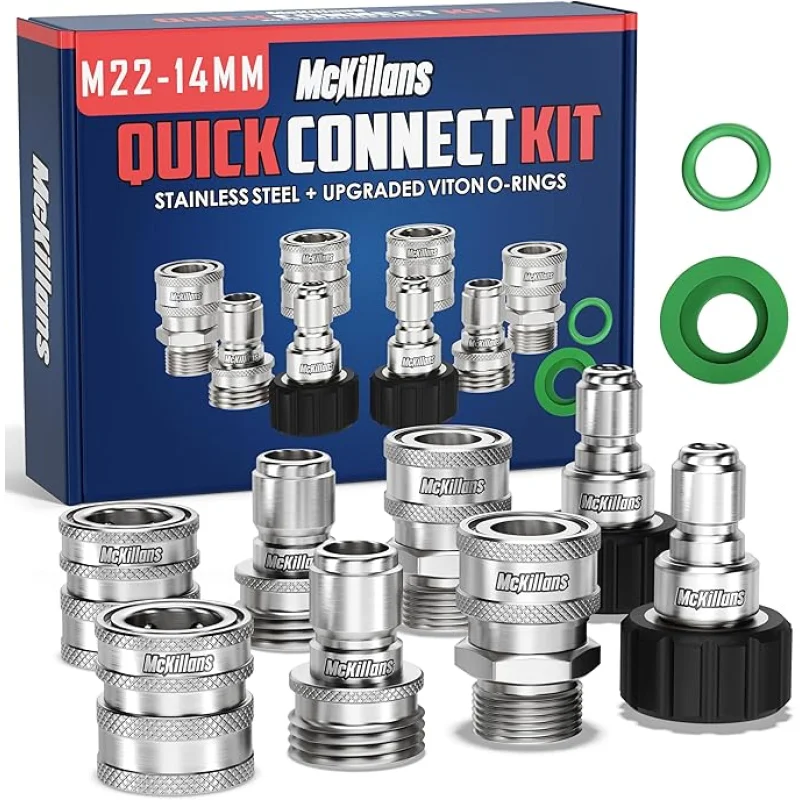 McKillans M22-14mm Pressure Washer Quick Connect Kit, M22-14mm to 3/8" Male Female Quick Disconnect Kit for Power Washer (Stainless Steel)