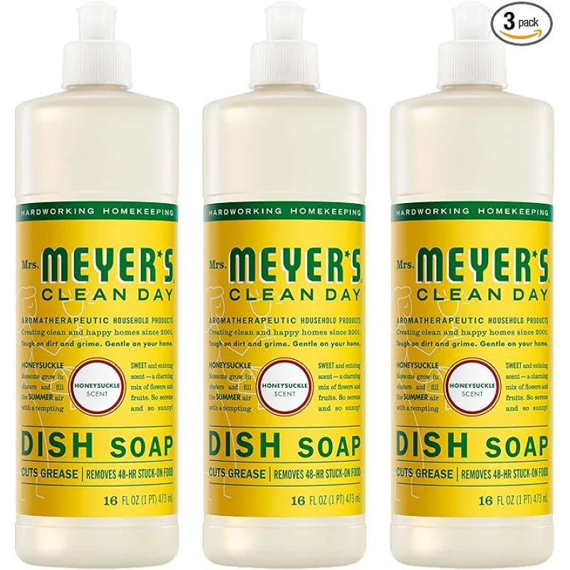 MRS. MEYER'S CLEAN DAY Liquid Dish Soap, Honeysuckle Scent, 16 Fl Oz Bottle - 3 Pack