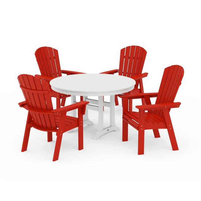 Nautical Curveback Adirondack 5-Piece Round Dining Set with Trestle Legs Sunset Red and White
