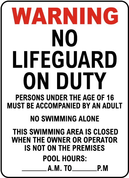 NJ-Compliant NO LIFEGUARD ON DUTY Sign for Pools & Hotels