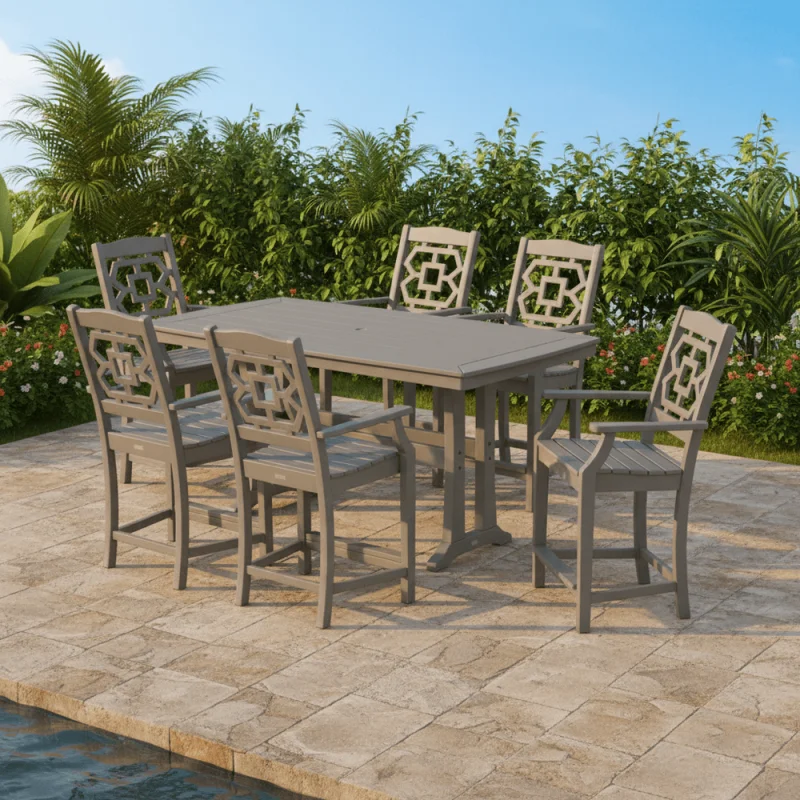 POLYWOOD Chinoiserie Arm Chair 7-Piece Counter Set with Trestle Legs - PWS1591-1 Slate Grey