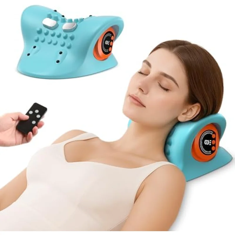 Portable Neck Traction Device, Cervical Stretcher with Heating & VibrationRelieve Muscle Tension, 3-in-1neck pillow Customizable Massage Modes with Wireless Remote Control Ergonomic Design