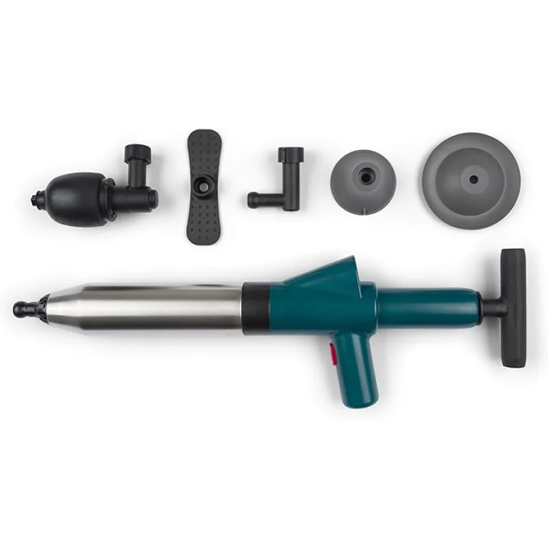 Professional Drain Blaster Gun, High Pressure Air Pump Plunger with Multiple Attachments for Toilet, Sink, Bathroom, Kitchen Clogs, Stainless Steel and Plastic Construction (Green)