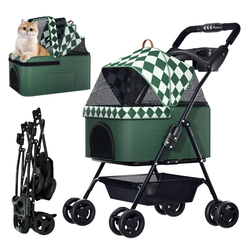 PUPIHOM Foldable pet Stroller for Cats with Detachable Weather Cover, 4 Wheels Pet Strolling Cart for Dogs and Cats with Storage Basket and Cup HolderGreen