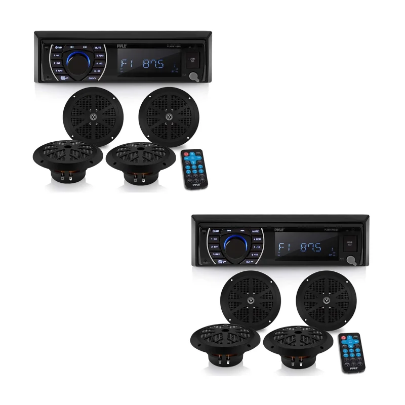 Pyle 6.5 Inch Bluetooth Marine Receiver Stereo and Speaker Kit, Black (2 Pack)