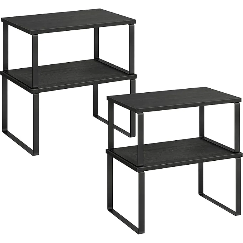 SONGMICS Cabinet Organizer Shelf, Set of 4 Kitchen Counter Shelves, Kitchen Storage, Spice Rack, Stackable, Expandable, Metal and Engineered Wood, Ink Black and Ebony Black UKCS027B01