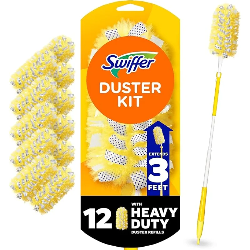 Swiffer Duster Kit with 3 ft Extendable Handle, Heavy Duty Dusting Starter Kit with 12 Refills, for Ceiling Fans, Vents and Hard to Reach Places