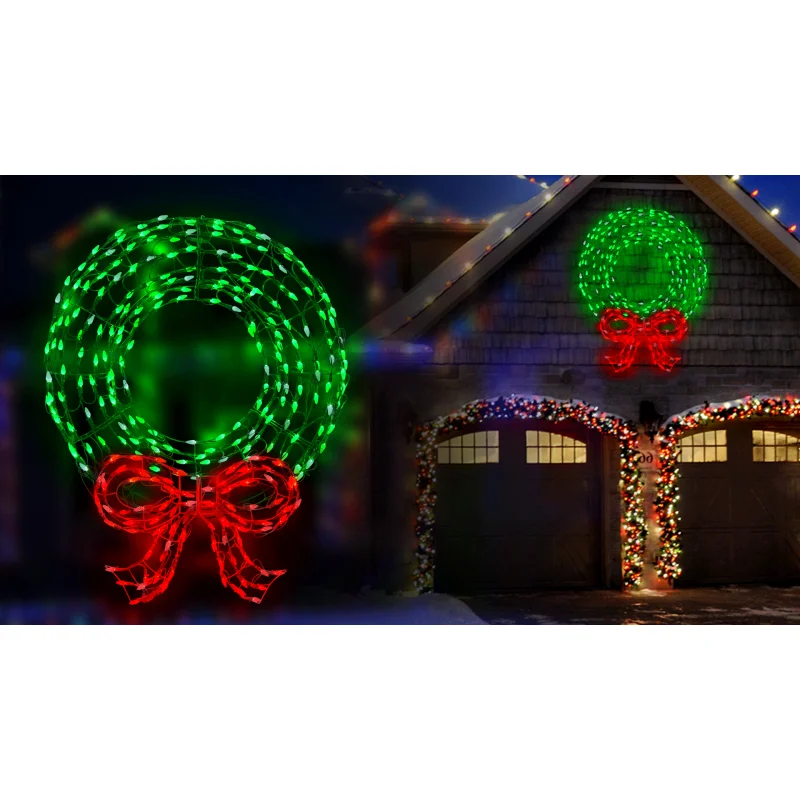 Twinkling Green LED Wreath Sculpture with Red Bow
