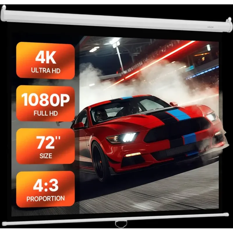 Vevor Projector Screen 72" 4:3 Manual Pull-Down Wall-Mounted 4K HD New
