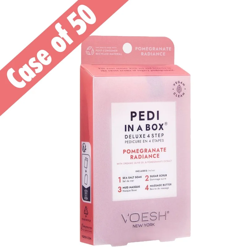 Voesh Deluxe Pedicure in a Box - 4-Step Hygienic Spa Pedicure Kit - Radiant Pomegranate / Case of 50 Treatment Sets