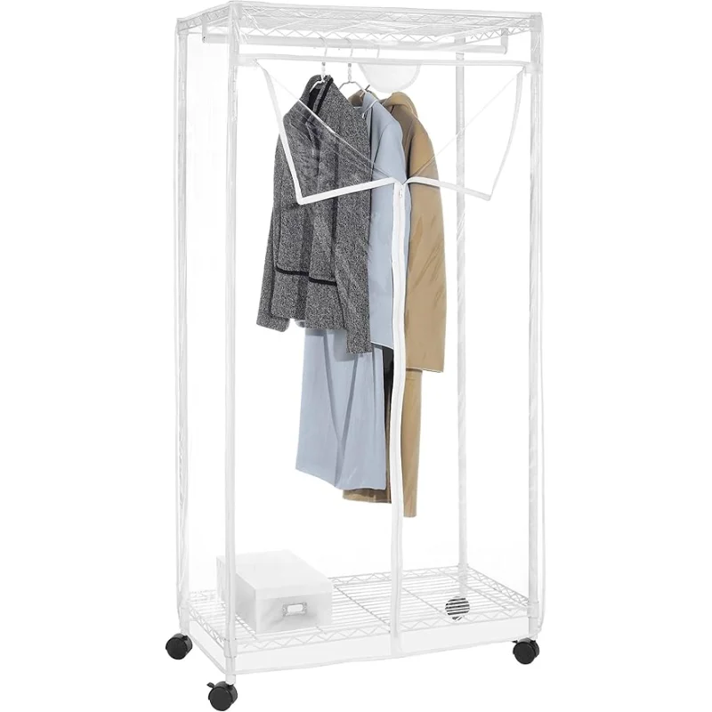 Whitmor Heavy Duty Metal Clothing Rack with Lockable Wheels & 3 Way Zippered Clear Cover, Dustproof Waterproof Garment Rack for Bedroom, Closet, Store, 19"L x 36.75"W x 70.25"H, White