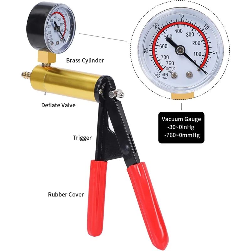 ZJERYL GULL 2 in 1 Brake Bleeder Kit with Hand Vacuum Pump with Gauge Adapters Automotive Brake Fluid Bleeding Set with Protected Case for Car Truck (Red)